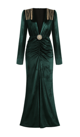 Langes Kleid mit Schulterpolstern und Fransen